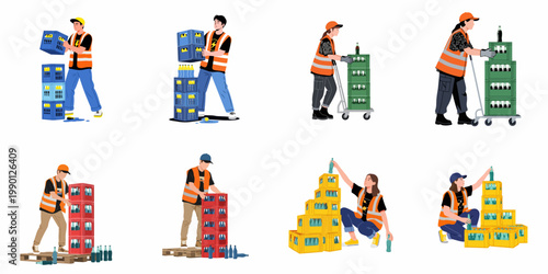 Set of warehouse workers in high-visibility vests stacking and moving crates of bottled beverages on pallets and dollies, flat vector illustration.