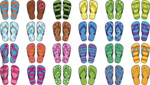 Colorful collection of flip flops vector illustrations featuring various patterns like stripes stars and floral designs for summer beach and vacation themes.