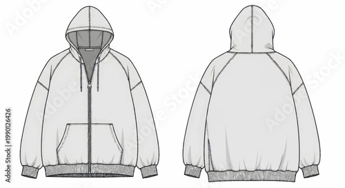 Front and back view of a white zip-up hoodie with a hood and pocket.