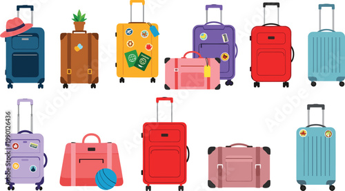 Colorful collection of travel luggage and suitcase vector illustrations featuring various bag styles and accessories for summer vacation planning.