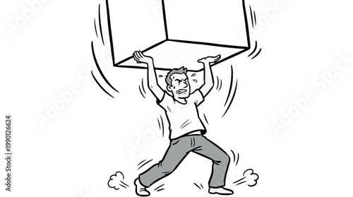 Struggling man lifting heavy cube, humorous effort vector illustration