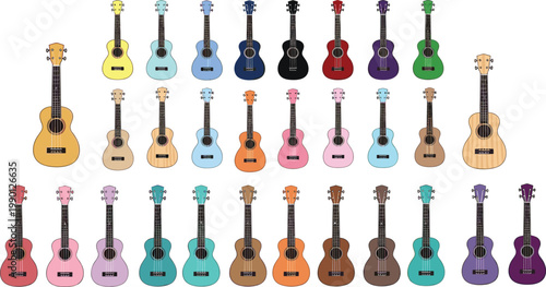 Colorful collection of acoustic ukulele and guitar vector illustrations in various vibrant shades for music education and creative artistic projects.