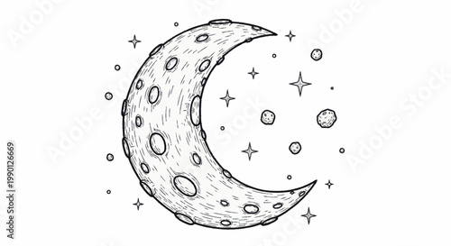 Hand drawn crescent moon with stars and craters in space.