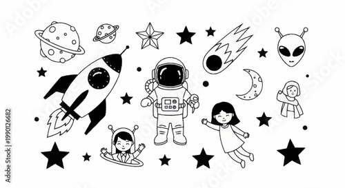 Hand drawn doodle set of space elements and astronauts.