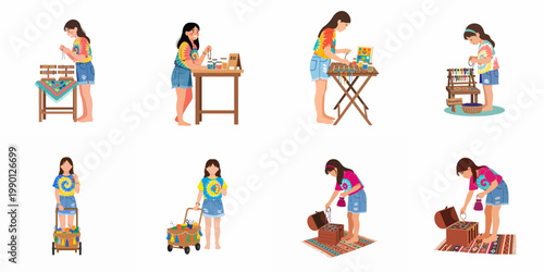Set of illustrations featuring a young girl entrepreneur creating and selling handmade jewelry at a market stall and mobile cart.