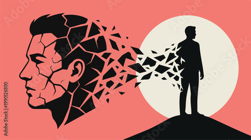 Shattered man silhouette emerging from cracked head vector illustration, digital art concept