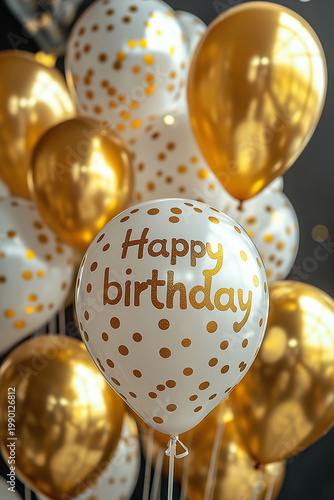 Gold balloons float alongside white balloons filled with confetti. 
