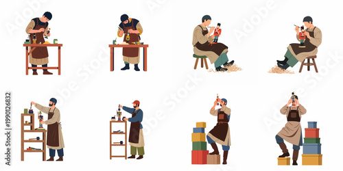 Set of flat vector illustrations depicting a traditional craftsman toy maker carving, painting, and assembling wooden nutcrackers in a workshop.