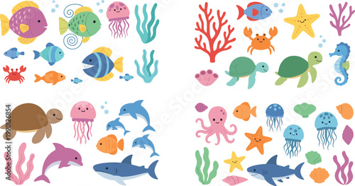 Large collection of cute hand drawn sea creatures featuring whales dolphins sharks turtles and colorful fish in a charming pastel vector style for children's illustrations.