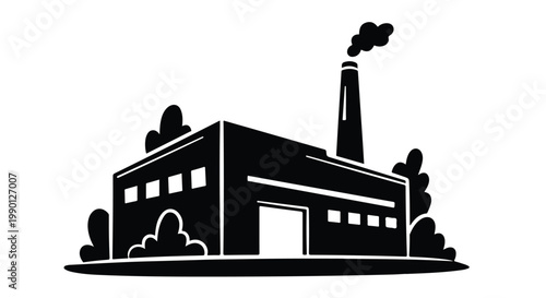 Industrial factory building with chimney smoke