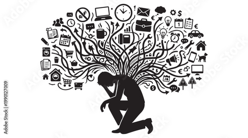 Overwhelmed person surrounded by chaotic business icons, stress management concept, vector illustration