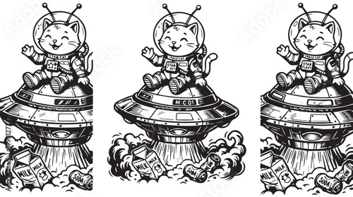 Whimsical astronaut cat riding futuristic flying saucer vector illustration