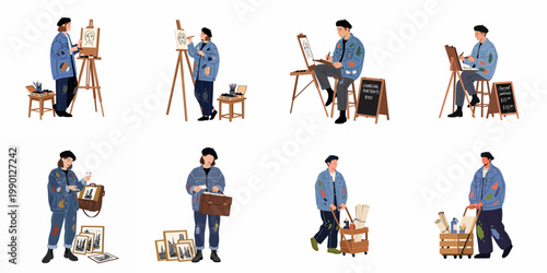 Set of male and female street artists drawing portraits, selling artwork, and moving supplies in flat illustration style.