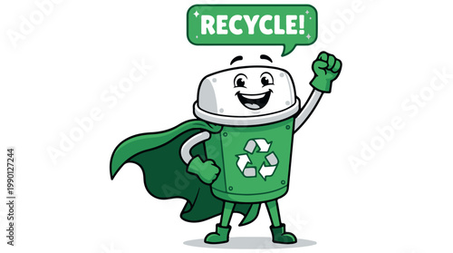 Happy recycling superhero trash can with green cape and recycling symbol, cheerful eco friendly vector illustration
