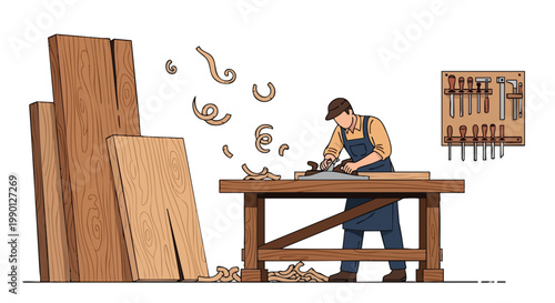 Carpenter Planing Wood. Woodworking Craftsmanship. Traditional Workshop.