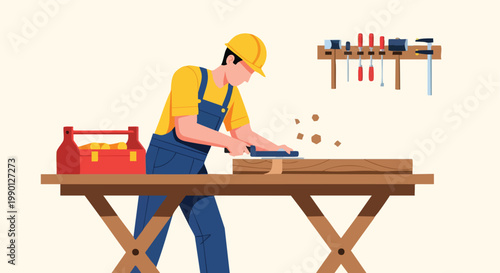 Carpenter Working on Wood with Tools. Woodworking Craftsmanship.