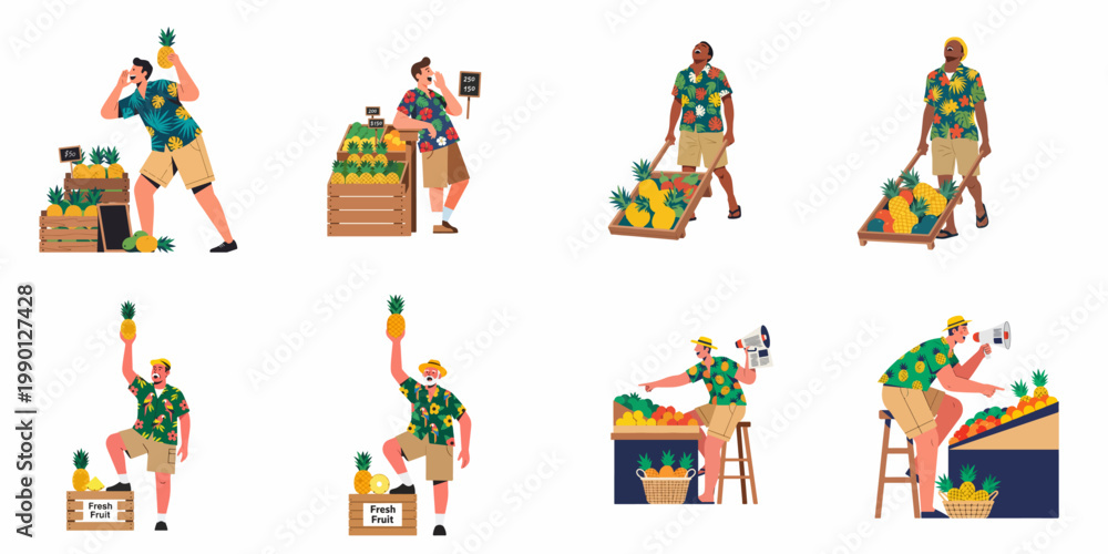 Fototapeta premium Set of diverse male tropical fruit vendors selling fresh pineapples at a market stall, wearing vibrant Hawaiian shirts and calling out to customers.