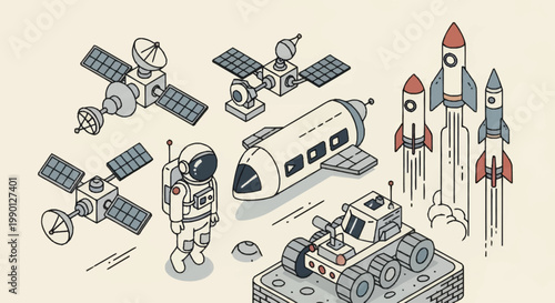 Tableau sur toile Isometric Space Exploration Elements Collection with Astronauts and Rockets