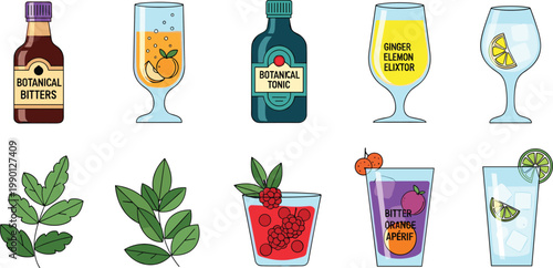 Botanical Beverage Vector Illustration Set Featuring Herbal Bitters, Tonic Water, Ginger Lemon Elixir, Berry Aperitifs, and Natural Infused Drinks for Craft Cocktail Menus