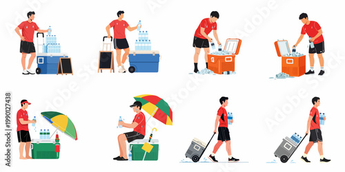 Vector illustration set of a street vendor selling cold bottled water from portable coolers in various poses for hot weather refreshment.