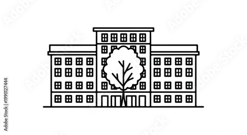 Large city school building with trees