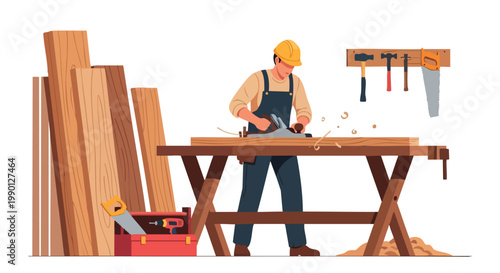 Carpenter working with wood on workbench, woodworking tools, lumber stack