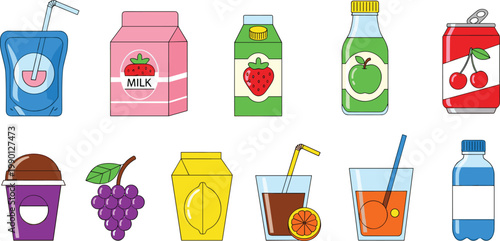Collection of Packed Beverage Vector Illustrations Featuring Strawberry Milk Carton, Apple Juice Bottle, Cherry Soda Can, Lemonade Box, and Fruit Smoothie Pouches for Kids