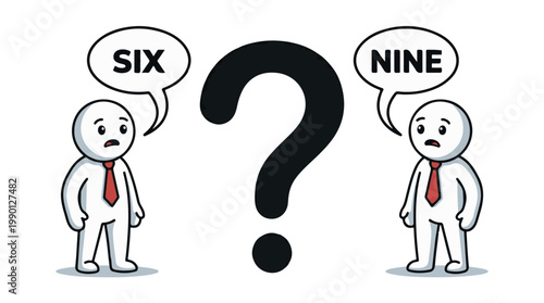 Two businessmen debating between six and nine in flat design vector illustration