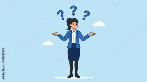 Confused businesswoman with question marks vector illustration, flat design