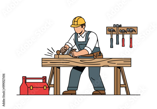 Carpenter Planing Wood. Woodworking. Construction. Craftsmanship. Workshop.