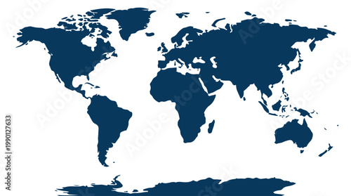 Minimalist world map vector illustration with flat design and dark blue color scheme