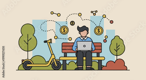 Man working on laptop on park bench with scooter nearby.