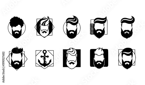 Modern barber badge icon set men beard and hairstyle symbols with bold haircuts and grooming styles vector