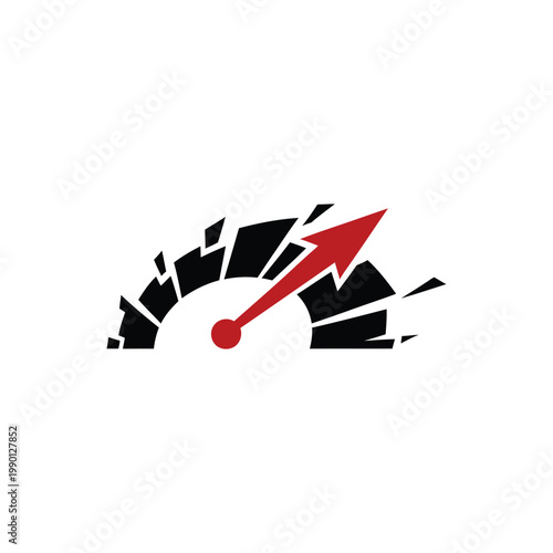 A close-up shot of a broken speedometer gauge with a red rising arrow pointing upwards.