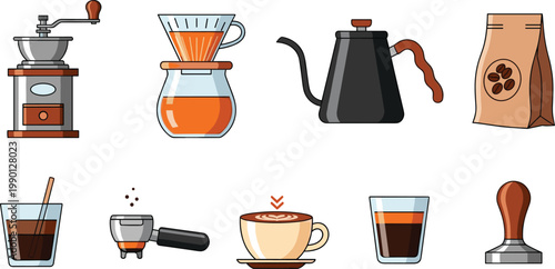 Comprehensive Beverage and Drinkware Vector Illustration Set Featuring Glass Bottles Soda Cans Cocktail Glasses Coffee Mugs Juice Boxes and Refreshing Liquid Icons for Menus