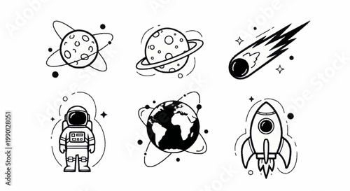Monochrome Space Exploration Icons Set with Planets Astronaut and Rocket.