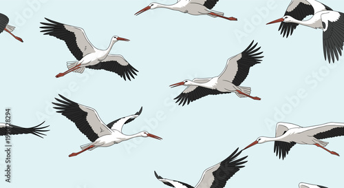 Beautiful seamless pattern featuring white storks in flight with black tipped wings over a serene light blue background.