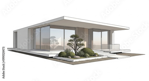 Modern minimalist house with large glass windows and landscaping.