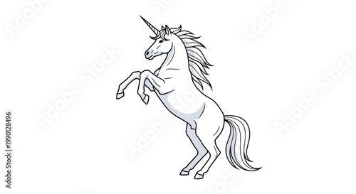 Mythical illustration of a powerful white unicorn rearing up on its hind legs with a flowing mane on a white background.