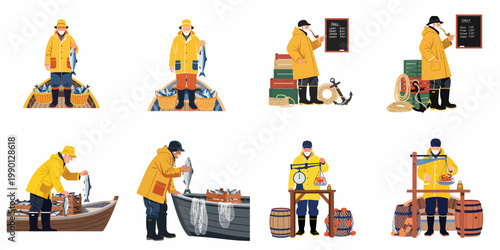 Flat vector illustrations set of an elderly fisherman in a yellow raincoat catching, selling, and weighing fresh seafood on a white background.
