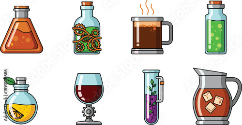 Creative Steampunk Fantasy Beverage Vector Illustration Set Featuring Alchemical Elixirs Clockwork Potions Steam Powered Coffee Copper Gear Wine and Laboratory Flask Drinks