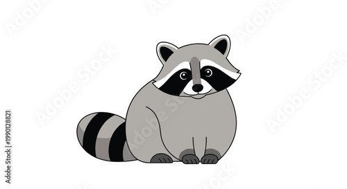 Cute cartoon illustration of a chubby gray raccoon sitting and looking forward with its distinctive masked face and tail.