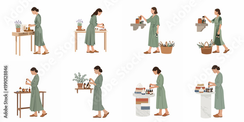 Minimalist Flat Vector Illustration Set of a Woman in a Green Robe Practicing Self-Care with Essential Oils and Natural Skincare