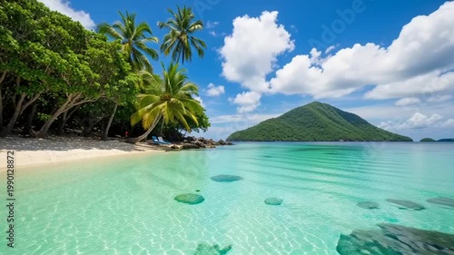 Tropical paradise beach with clear turquoise water, palm trees, and island mountain.