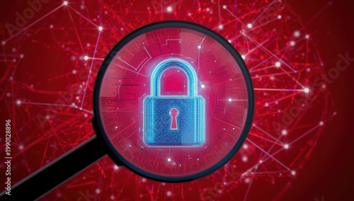 Cybersecurity idea. A magnifying glass highlights a digital lock icon on a red backdrop with text space, symbolizing online safety, data security, and network protection