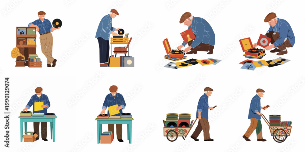 Fototapeta premium Set of flat illustrations featuring an elderly man collecting, browsing, and playing vintage vinyl records in various scenes, isolated on white.