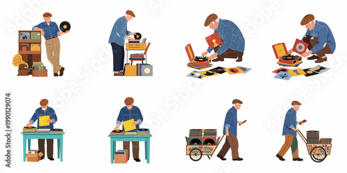 Set of flat illustrations featuring an elderly man collecting, browsing, and playing vintage vinyl records in various scenes, isolated on white.