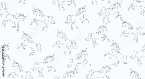 Seamless pattern featuring multiple hand-drawn unicorns in various galloping poses for fantasy and whimsical designs.