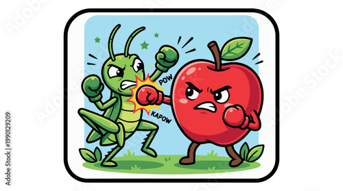 angry grasshopper and apple boxing match vector illustration