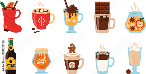Festive Winter Holiday Beverage Vector Illustration Set Featuring Mulled Wine, Hot Chocolate with Marshmallows, Gingerbread Coffee, Apple Cider, and Honey Mead for Seasonal Menus